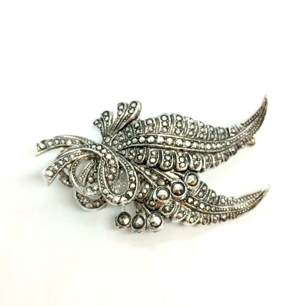 VINTAGE WEST GERMANY Brooch Pin Faux Marcasite Leaves Silver Tone Abstract mcm